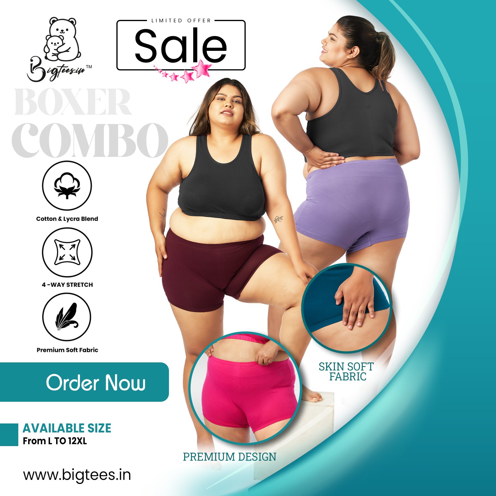 Plus size boxer shorts for women, sizes L to 12XL