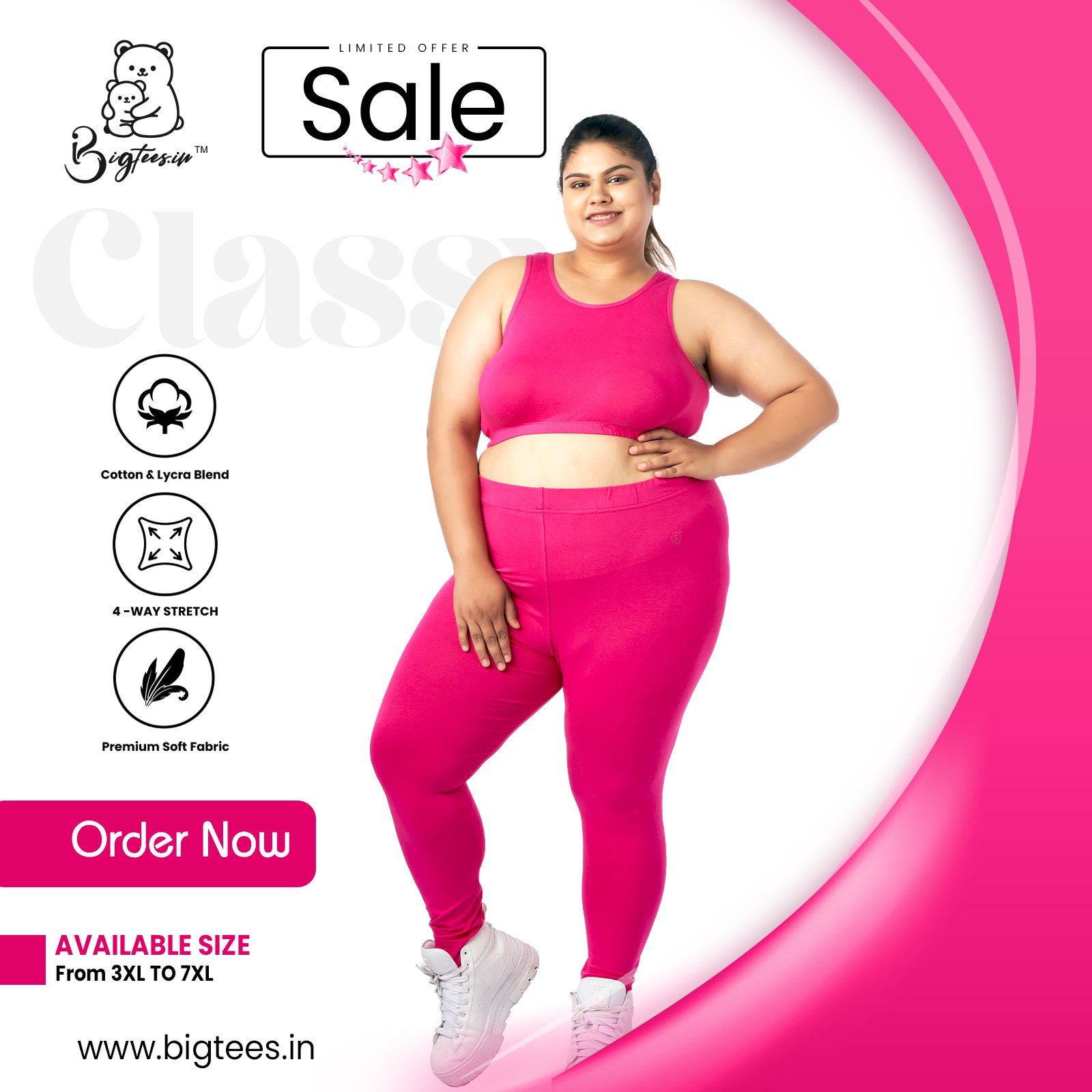 Leggings for Plus Size Women – Pink (3XL to 7XL) Pink plus size leggings for women, sizes 3XL to 7XL